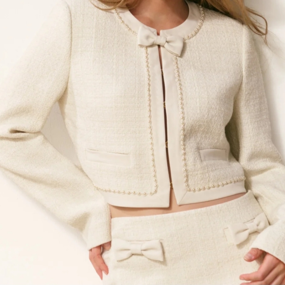 LoveShackFancy Ralphette Cropped Tweed Jacket in Cream with Bow - Picture 1 of 2